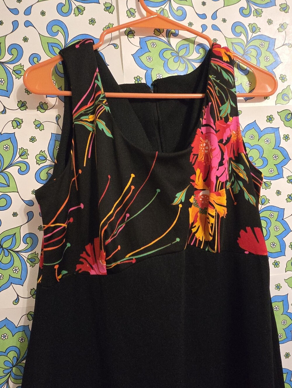 Vintage | Black Maxi Dress with Pink & Orange Floral